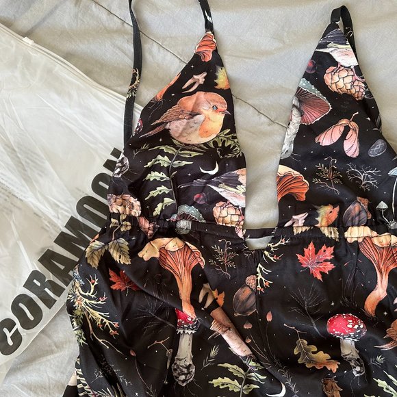 Coramoon Mushrooms Fairyland printed tank DRESS cute flowy halter summer Maxi - Picture 3 of 3